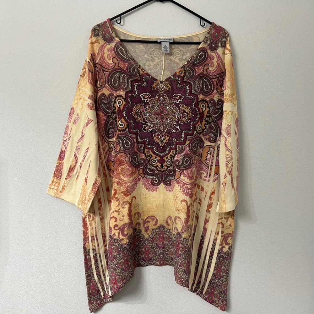 Catherines Womens 1X Multicolor Paisley Handkerchief Hem Tunic Top Embellished